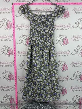 Dress Smocked Floral Midi Dress in Olive with White & Blue Flowers